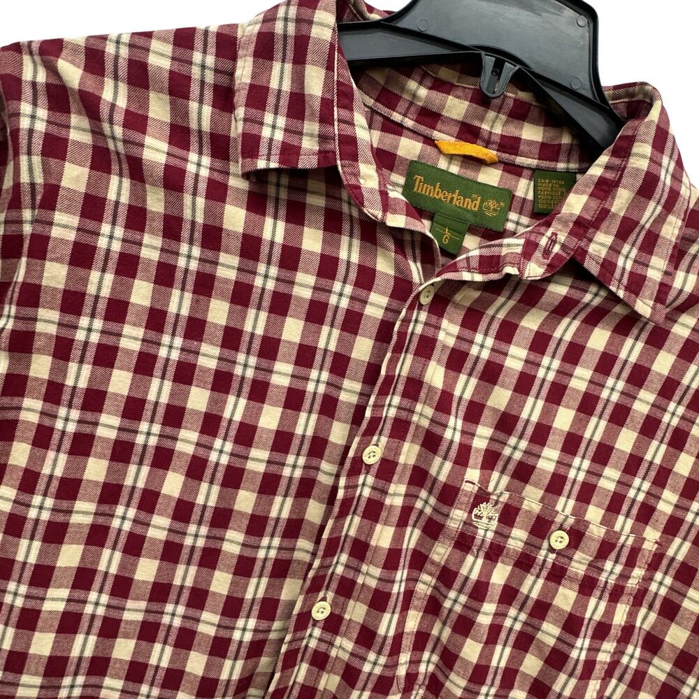 Timberland Vintage Men's L Plaid Button-Down Shirt Red Tan Cotton 90s